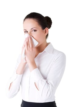 Woman with allergy or cold, isolated on white background
