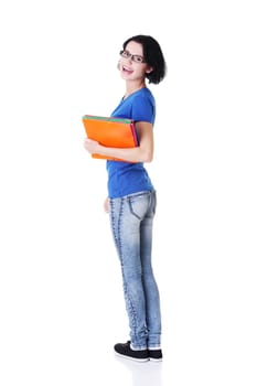Happy student woman with notebooks, isoalted on white background