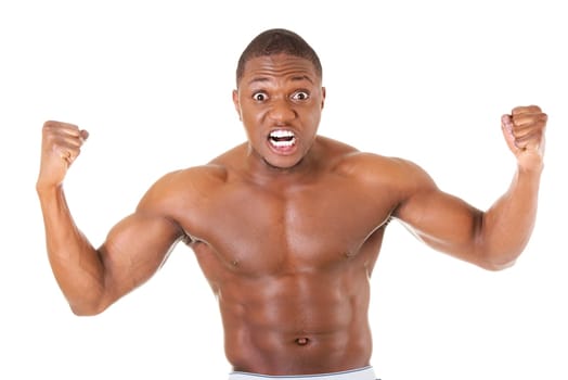 Angry black muscular man, isolated on white