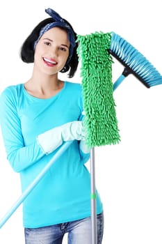 Happy cleaning woman portrait, isolated on white