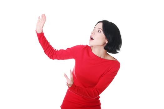 Scared woman , isolated on white background
