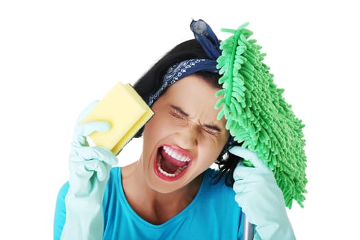 Tired frustrated and exhausted cleaning woman, isolated on white