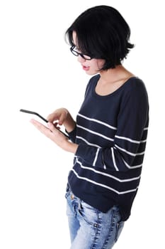 Beautiful happy young caucasian woman using tablet computer , isolated on white