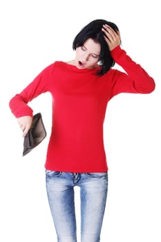 Young woman shows her empty wallet. Bankruptcy  concept
