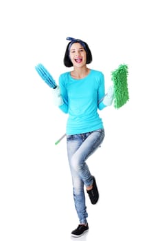 Happy cleaning woman portrait, isolated on white