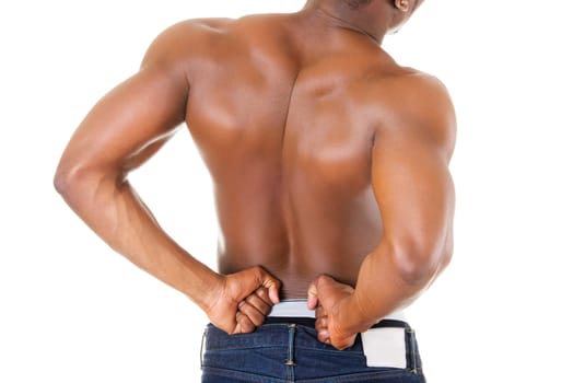 Young man with back pain , isolated on white