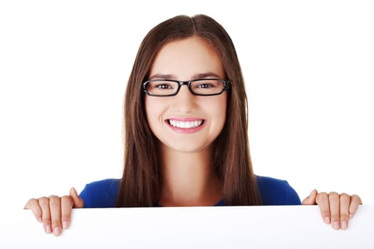 Portrait young happy woman with blank board , isoalted on white