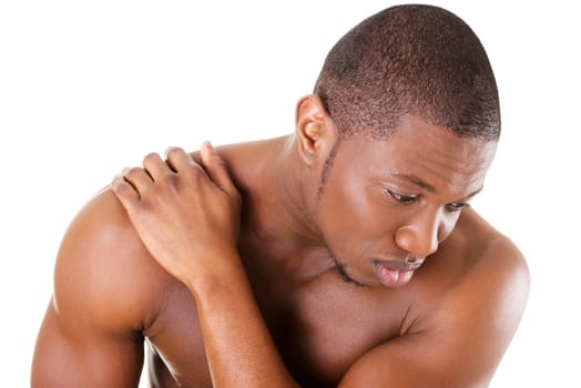 Young man with back pain , isolated on white