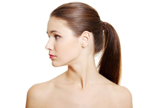 Portrait of a beautiful female model on white background