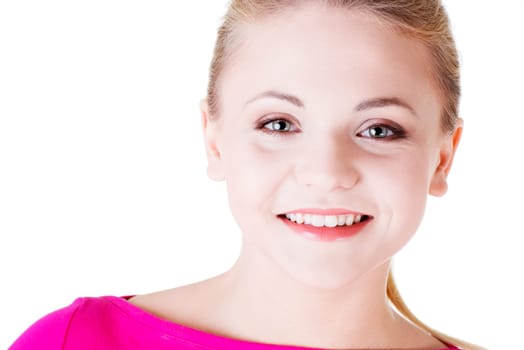 Happy casual blond woman portrait, isolated on white background