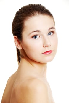Portrait of a beautiful female model on white background