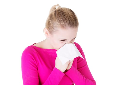 Teen woman with allergy or cold, isolated on white background