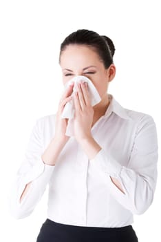Woman with allergy or cold, isolated on white background