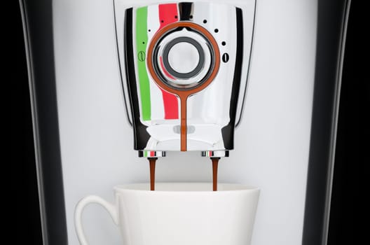 close up front view of modern automatic espresso coffee machine. White cup under nozzle, coffee pouring down from machine, black background. Italian flag reflecting in machine.
