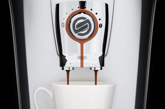 close up front view of modern automatic espresso coffee machine. White cup under nozzle, coffee pouring down from machine, black background