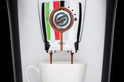 close up front view of modern automatic espresso coffee machine. White cup under nozzle, coffee pouring down from machine, black background. Italian flag reflecting in machine.