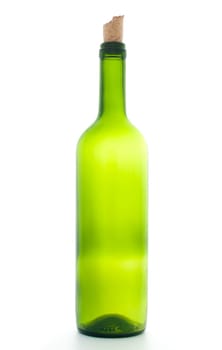 beautiful empty green wine bottle with wooden cork isolated on white