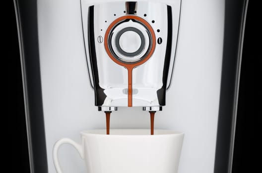 close up front view of modern automatic espresso coffee machine. White cup under nozzle, coffee pouring down from machine, black background