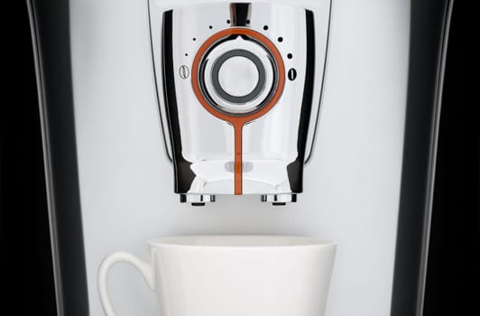 close up front view of modern automatic espresso coffee machine. White cup under nozzle, black background