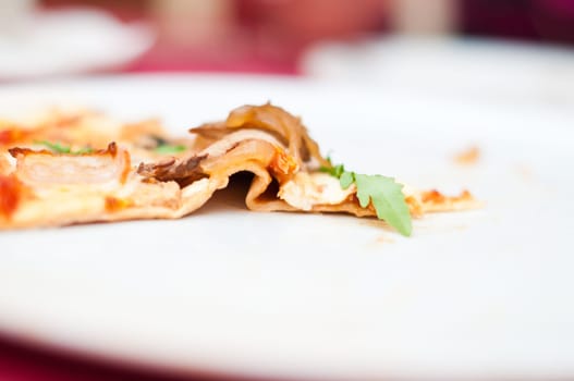 last slice of tasty meat pizza on white plate (shallow depth of field)