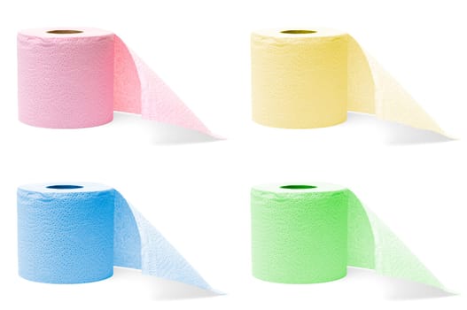 four colorful rolls of toilet paper isolated on white background (8 megapixel each)
