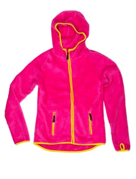 Bright red sports jacket with a hood and yellow accents. Isolate on white.