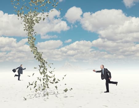 buasiness man run and 3d dollar twister background