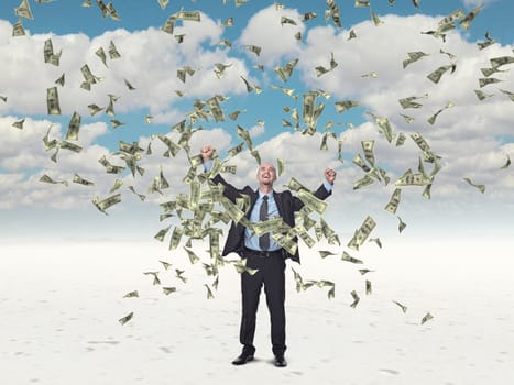 happy man and flying dollar
