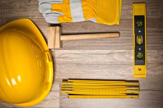 Working tools on a board, a close up