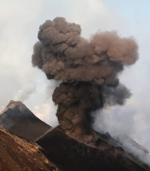 Strombolian eruption at volcano Stromboli in Italy