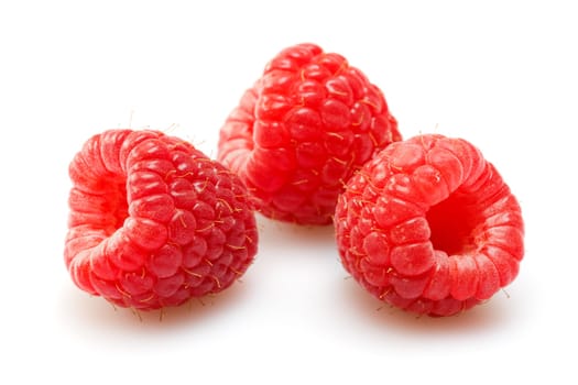 raspberries over white background