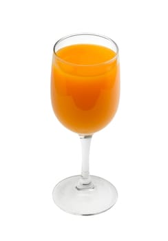 a glass of orange juice on white background