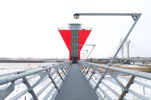 modern red bridge control room in zwolle, netherlands. From this control room 5 bridges around the city are being controlled.