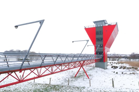 modern red bridge control room in zwolle, netherlands. From this control room 5 bridges around the city are being controlled.
