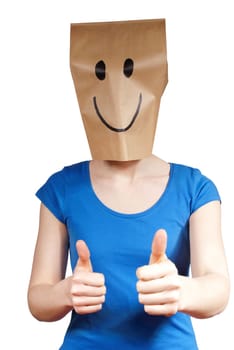 a person with a mask and a winning smile, isolated