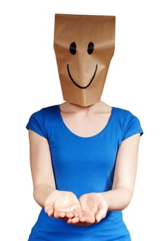 a person with a smiling mask holding up hands with copyspace, isolated