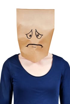 a person with paper bag head symbolizing sadness and depression, isolated