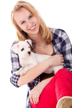 Young girl having a great time with the puppies