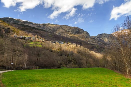Queralbs village between mountains at the foot of the Pyrenees, Catalan Rural Landscape.