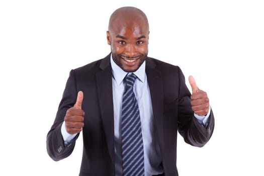 Black African American business manmaking thumbs up, isolated on white background - African people
