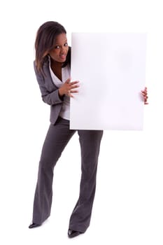 Young black African American woman holding a blank board, isolated on white background - African people