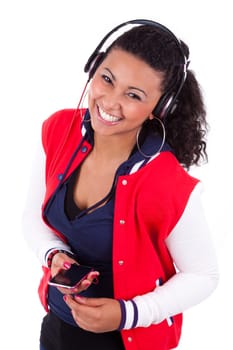 Young black  African American teenage girl  listening to music, isolated on white background - African people