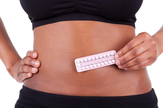 Black african american woman holding contraceptive solutions, isolated on white background -  African people