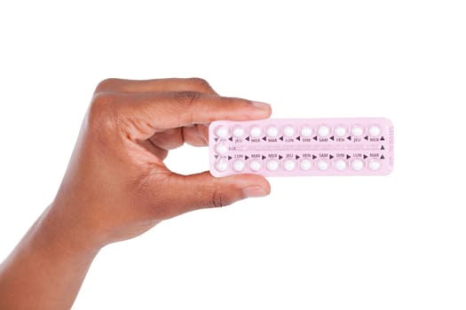 Black african american woman holding contraceptive solutions, isolated on white background -  African people