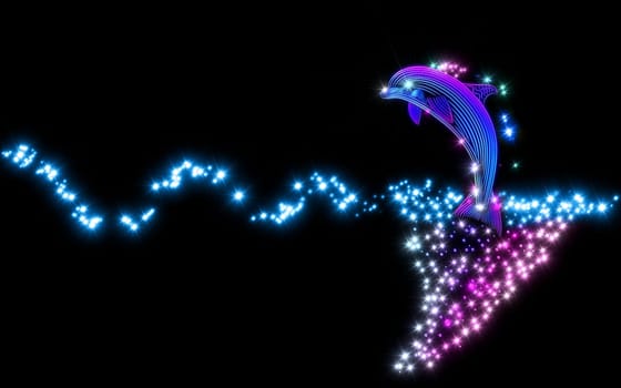 Beautiful swimming dolphin jumped from blue tropical ocean and slides on waves with bubbles and splashes of water. Water drops refract sunlight as a prism and visually similar to the shining stars.