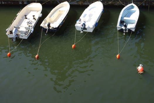 Photography of motorboats anchored with buoys.