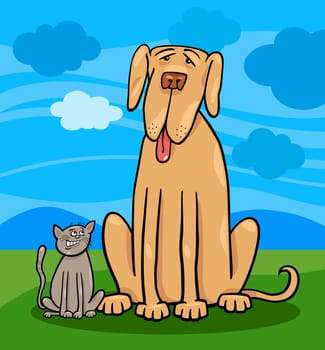 Cartoon Illustration of Cute Small Cat and Funny Big Dog or Great Dane in Friendship and Rural Scene