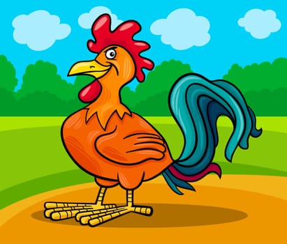 Cartoon Illustration of Funny Comic Rooster Farm Bird Animal