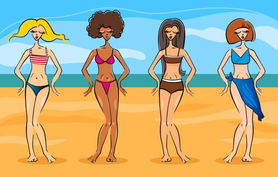 Cartoon Illustration of Cute Beautiful Women in Different Types of Bikini or Swimsuit or Bathing Suit