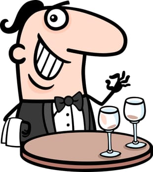 Cartoon Illustration of Funny Male Waiter in Restaurant Profession Occupation
